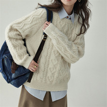 日系复古麻花套头毛衣女秋冬新款宽松慵懒风软糯显瘦厚针织衫上衣