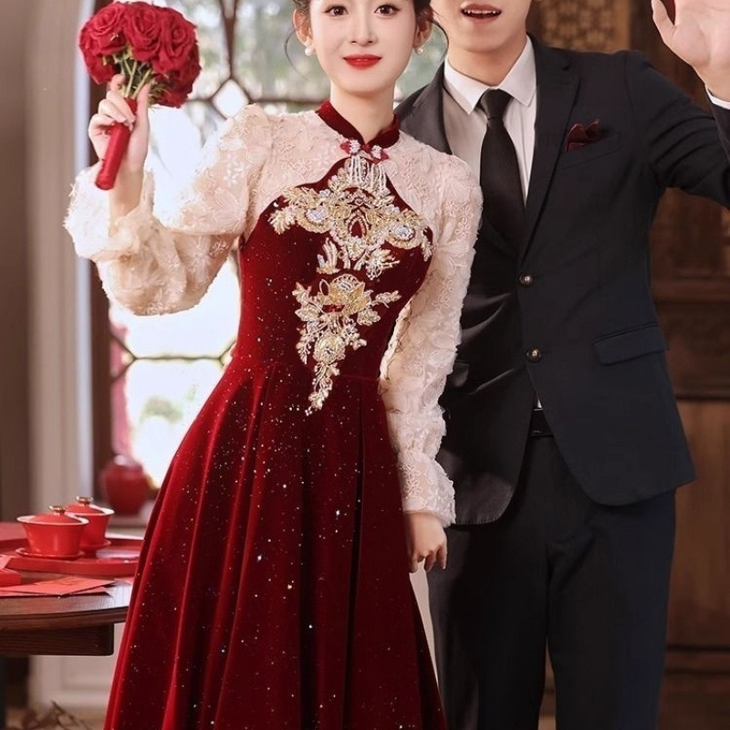 Toast Bride's Engagement Dress 2024 New Red Chinese Cheongsam Winter Wedding Dress High Wedding Dress
