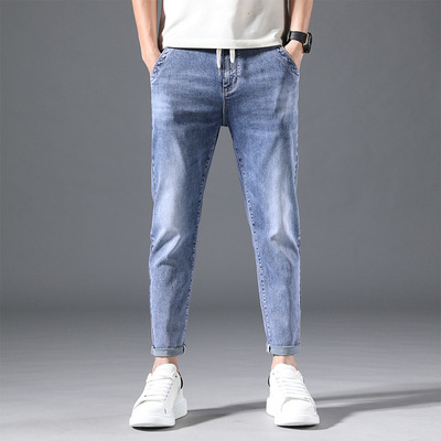 春夏新款牛仔褲男寬松小腳男士休閑青少年彈力抽繩男褲流行褲子潮