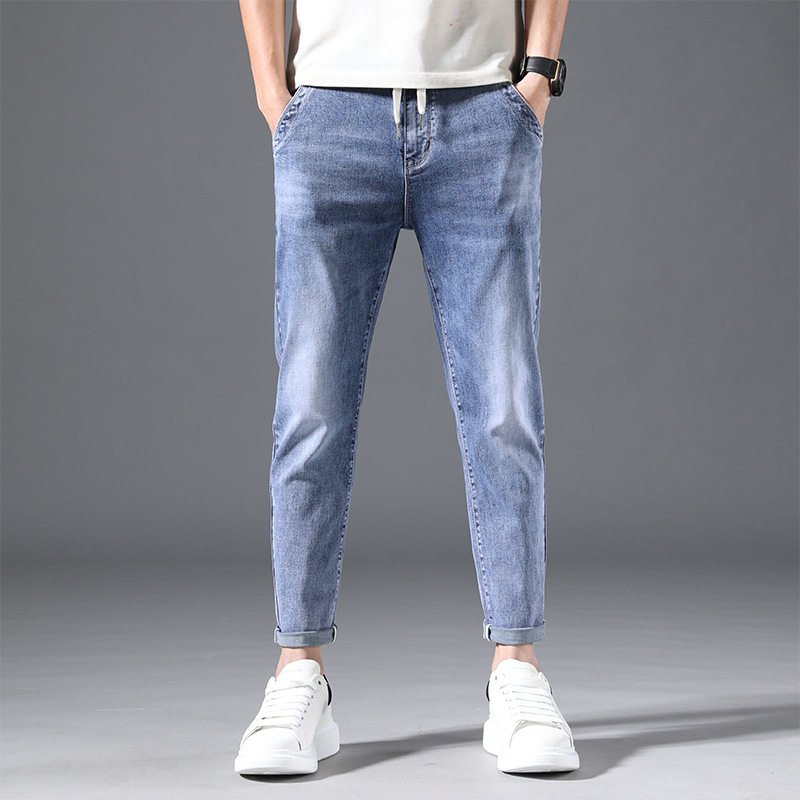 春夏新款牛仔褲男寬松小腳男士休閑青少年彈力抽繩男褲流行褲子潮