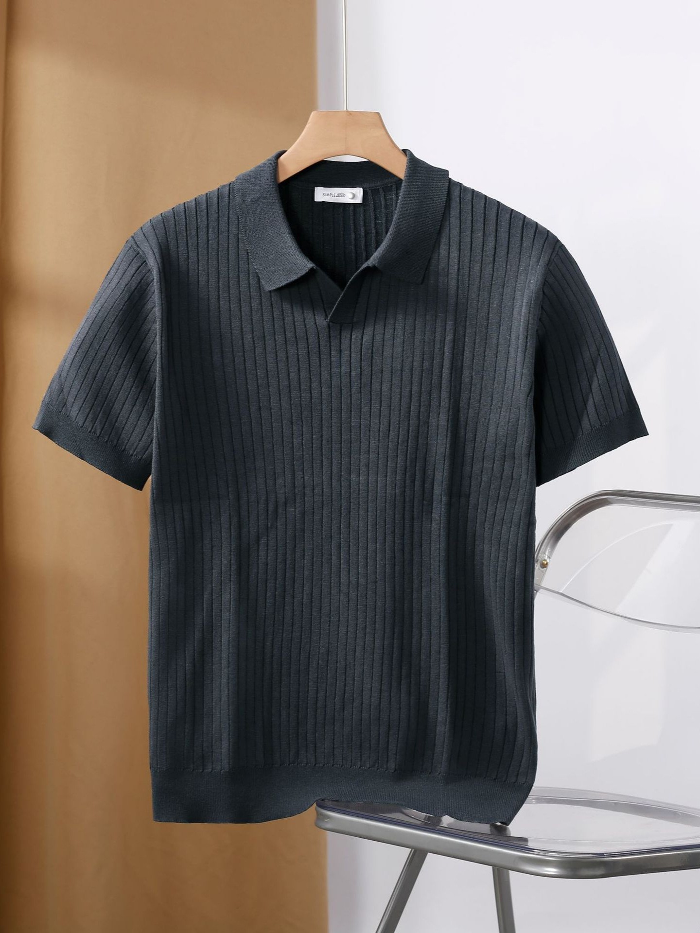 Polo de punto a rayas para hombre, cuello tipo tijera, corte ajustado, estilo casual de negocios, ligero, suéter de manga corta transfronterizo.