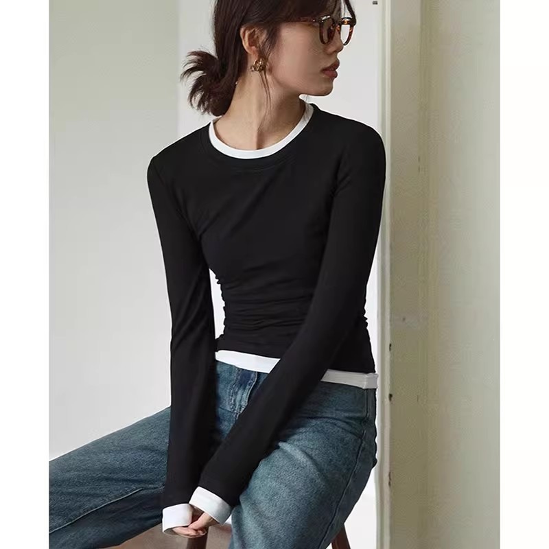法式撞色拼接假两件灰色长袖t恤女2025春秋新款百搭修身显瘦上衣|undefined