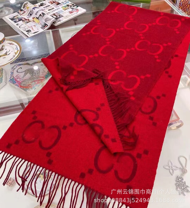 羊绒围巾女老花双G羊毛保暖双面羊绒流苏秋冬季黑灰粉咖啡棕围脖|undefined