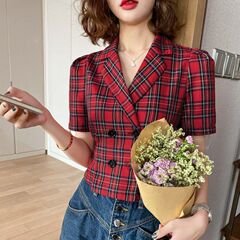 2025夏季新款复古格纹上衣女装新款夏短款领收腰百搭雪纺衬衫