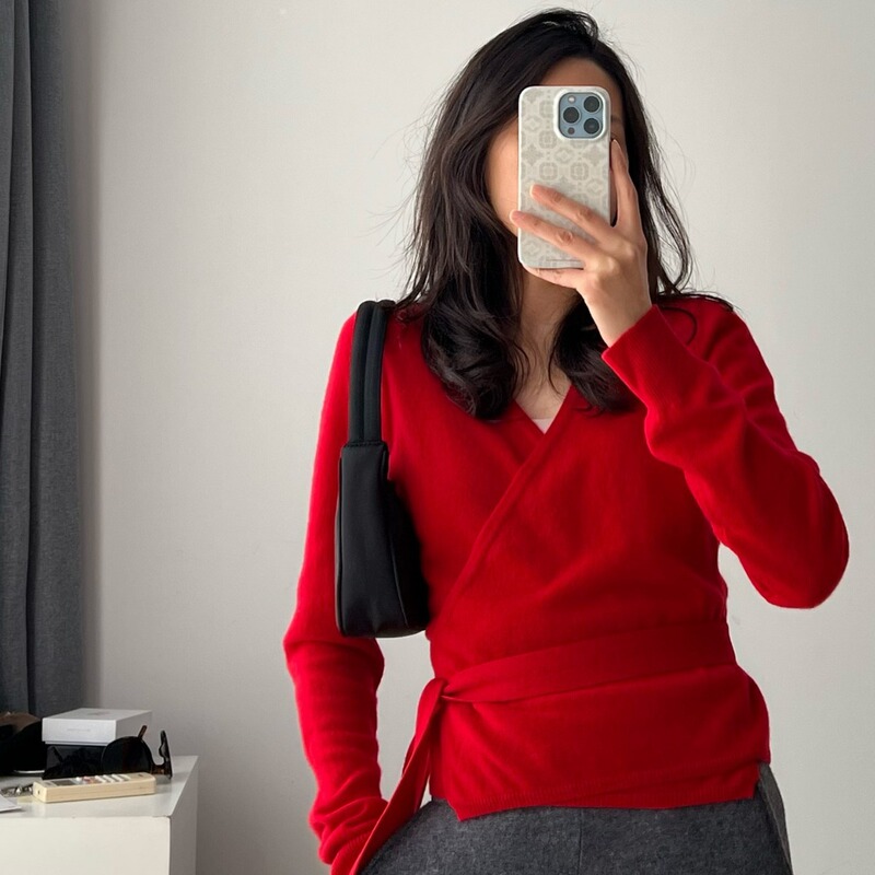 [Qing] 90 wool +10 cashmere wrap belt knitted cardigan