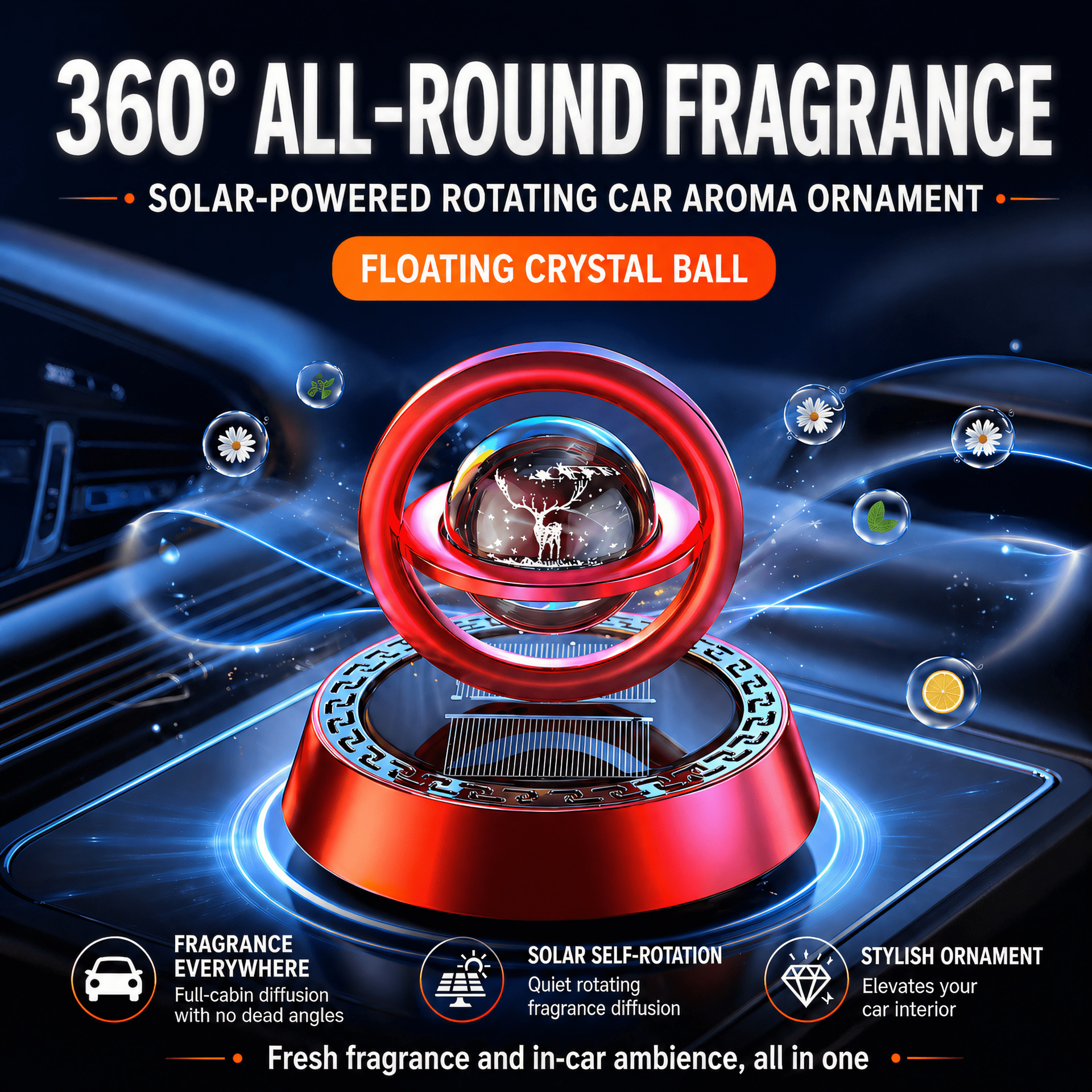 Car-mounted solar-powered aromatherapy diffuser, new model, solar-powered floating crystal solid perfume, creative car decoration with a fresh fragrance
