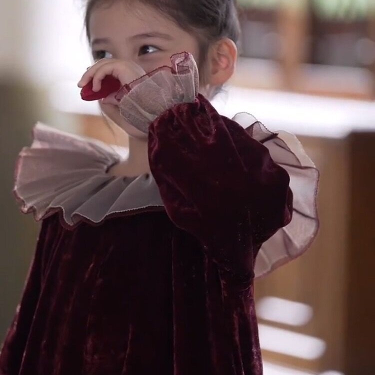 Korean version girl's velvet 2023 autumn/winter baby red long sleeved plush formal dress_voghion.com