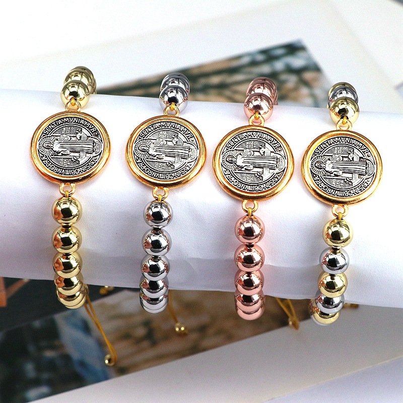 Copper Pendant Material Wholesale Jewelry Casual Vintage Style Religion Human Saint Benedict Copper Gold Plated Beaded Bracelets