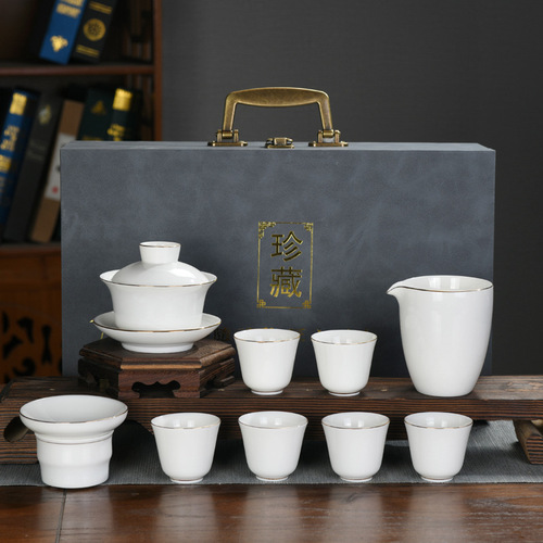 High-end mutton-fat jade white porcelain set, Kung Fu tea set, gold-painted bowl set, corporate gifts can be added with LOGO to send to customers