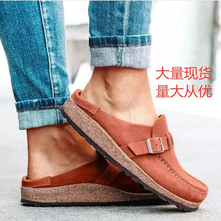 Independent Station wish New Large Size Outer Wear Half Buckle Slippers Women's Summer Cross-Border Flat British Style Sandals