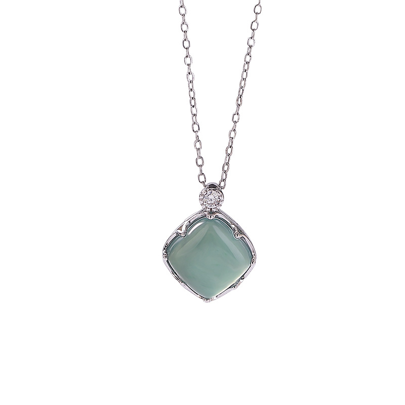 Mặt dây chuyền bạc S925 hình vuông đính đá jadeite xanh lam phong cách nhẹ nhàng — Mặt dây chuyền đơn (không kèm dây)