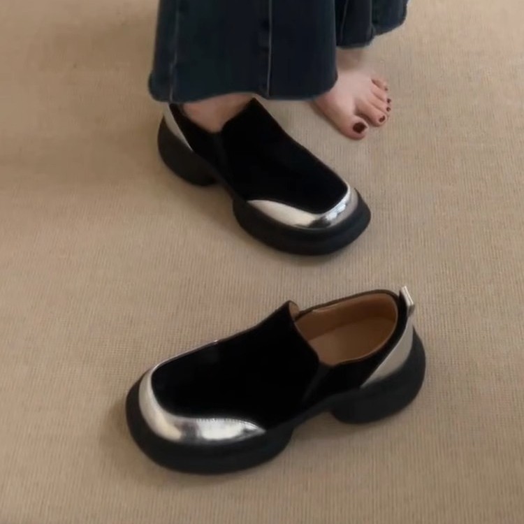 La marea no es sur ~ Suela de bizcocho retro, suela gruesa, aumento, zapatos de cuero Lefu para mujer, cuero esmerilado, punta redonda, zapatos de cuero simples