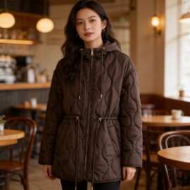 跨境秋冬新款时尚百搭休闲收腰显瘦立领中长款轻薄棉服外套女棉衣