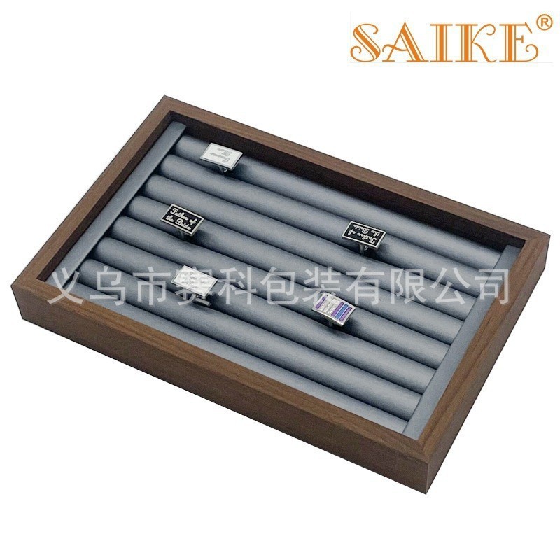 现货批发黑胡桃纹木质小号枪灰色拉丝PU戒指展示盘饰品首饰看货盘