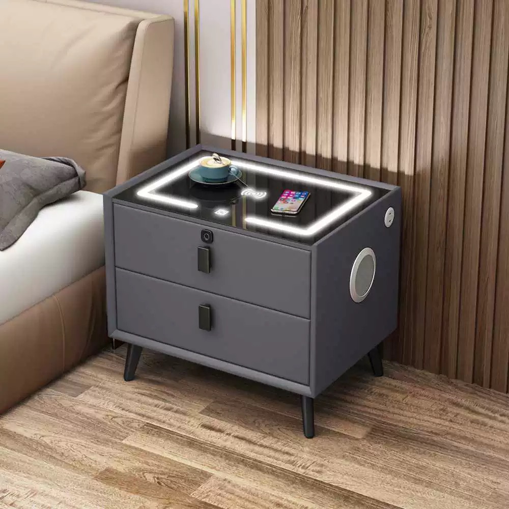 Mesa de cabecera inteligente transfronteriza moderna y simple carga inalámbrica con audio LED multifuncional gabinete de cabecera de dormitorio residencial