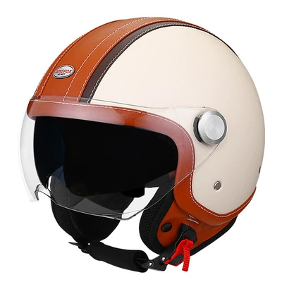 female male double mirror bluetooth, Motosiklet kaskı (dəbilqə) - brown-and-white-short-outside-and-tea-inside-m