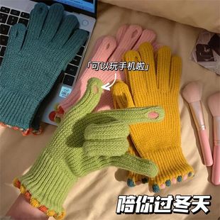 Ins Korean Style Winter Fingerless Woolen Knitted Gloves Pure Color Touch Screen Warm Windproof Cycling Fingerless Couple Gloves