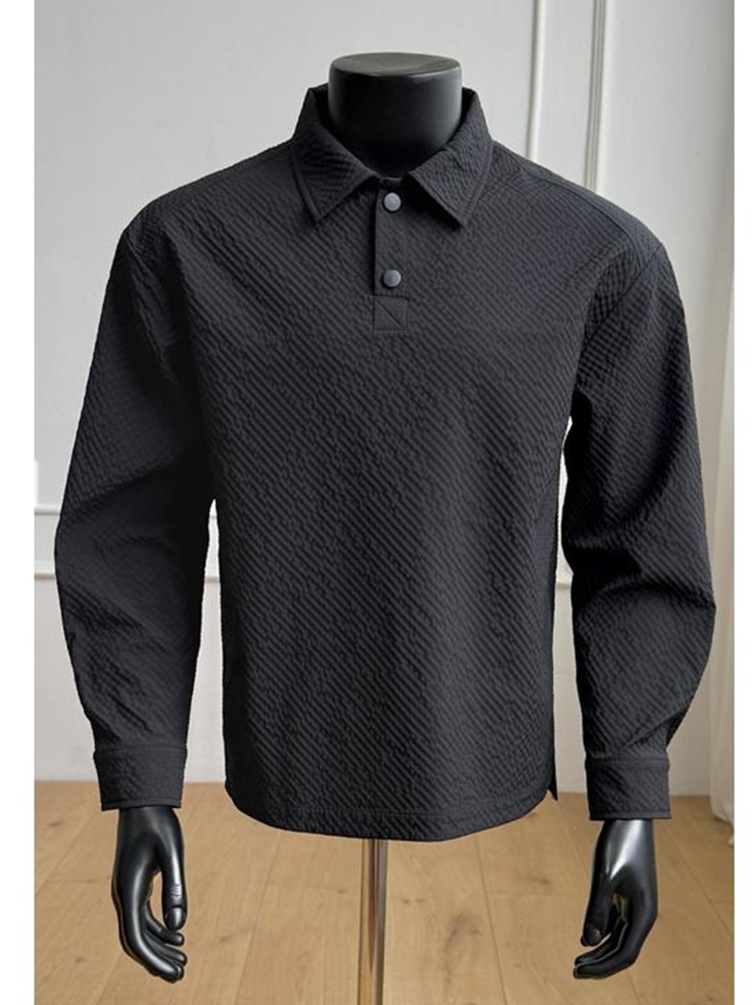 Trendy brand base layer shirt, long-sleeved T-shirt, men's top, seersucker black collar loose casual OLO shirt, autumn