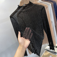 半高襟の明るいシルクの網の紗の底のシャツの女性の薄いタイプの紗の服は長袖のカレー色の中でt透明のレースの上着を掛けます。