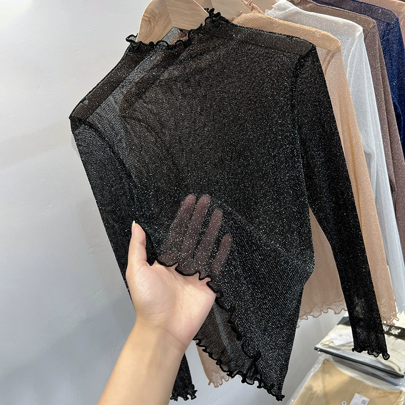 Половина высокого воротника с блестящими шелками сетчатая нижняя рубашка тонкая марля для женщин с длинными рукавами карри с прозрачным кружевным топом