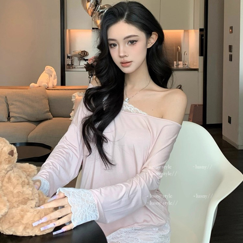 法式莫代尔睡衣女春秋套头长袖长裤露肩温柔蕾丝纯欲风家居服套装|undefined