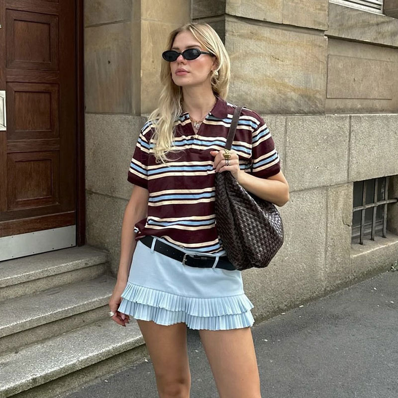 Cross-Border European and American 2026 Summer New Products European and American Style Polo Shirt Fashionable Striped Short-Sleeved T-Shirt + Low-Waist Pleated Short Skirt