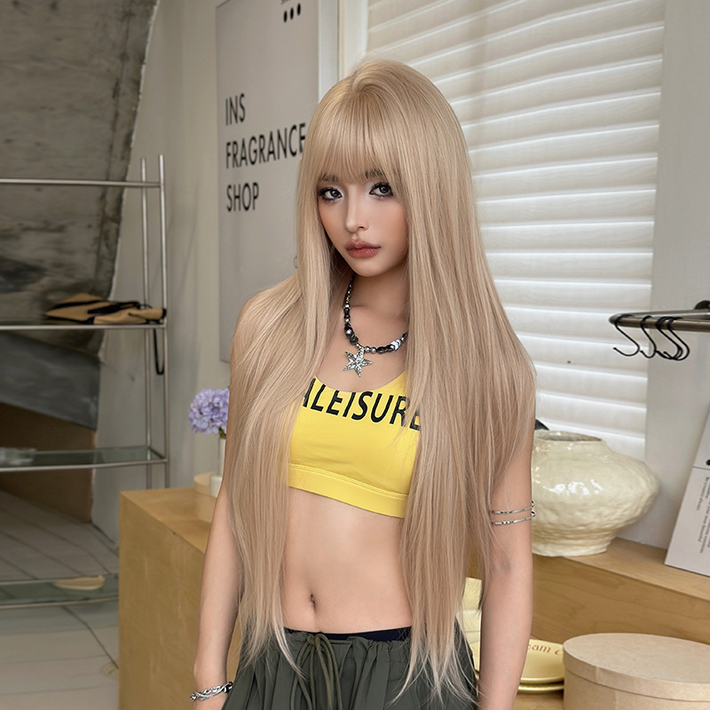 Cross-Border New Wig for Women with Long Straight Hair, Pearl Off-White Chemical Fiber Simulation Full Headgear, Internet Celebrity Daily Full Headgear