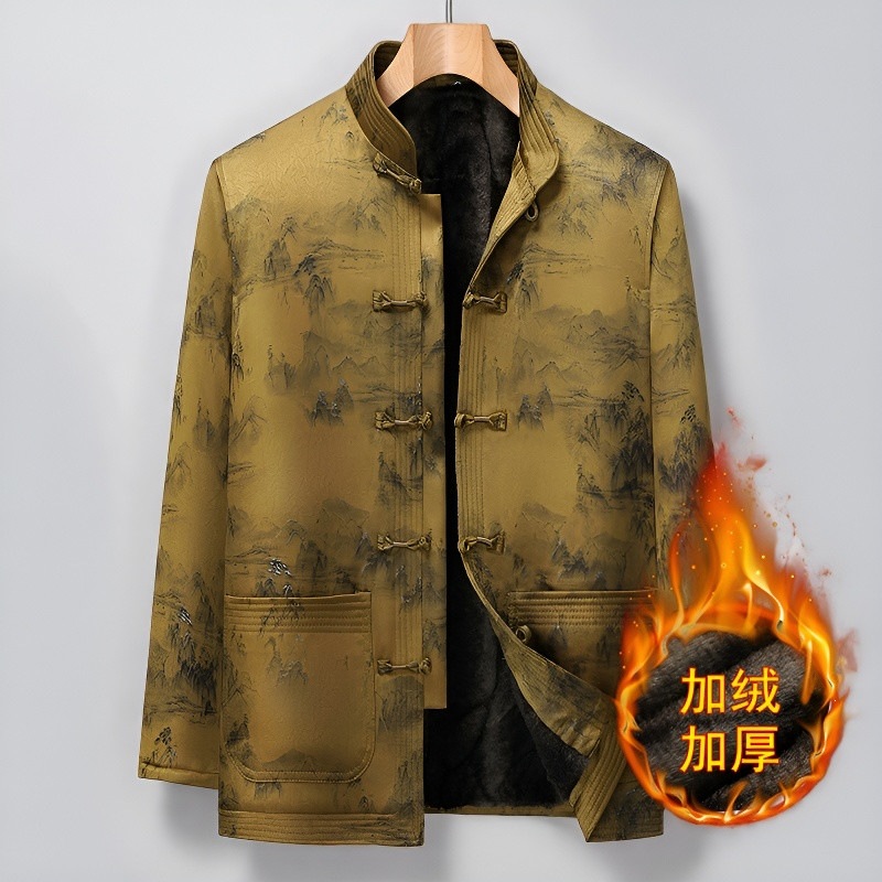Chinese-style Tang suit for middle-aged and elderly men, winter clothes for fathers and grandfathers, fleece-lined and thick cotton-padded coat, plus size.