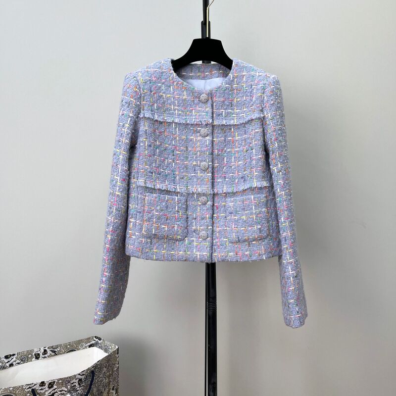 Violet Tweed Short Outwear Women's Colorfulful Webbing Plaid Ladylike Style Versatile Cardigan