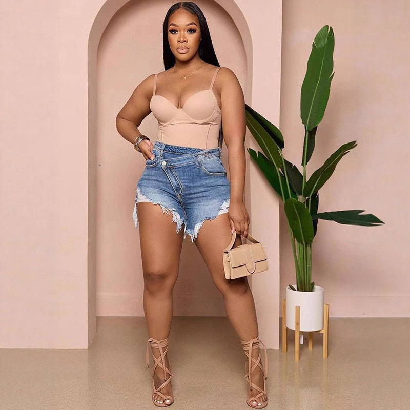Factory Direct Sales 2025 Spring/Summer New Cross-Border Amazon High-Waisted Sexy Short-Sleeve Frayed Denim Shorts Slim Fit