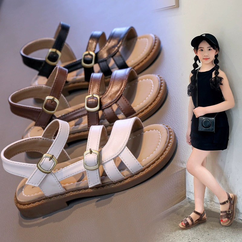 Стильные сандалии для девочек, лето 2025, новый стиль, средние и большие детские туфли на плоской подошве, туфли принцессы в корейском стиле, универсальная пляжная обувь с открытым носком