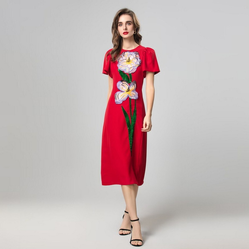 2 color 2025 spring and summer new three-dimensional stickers flower embroidered beads round neck bubble sleeve fashion dress women
