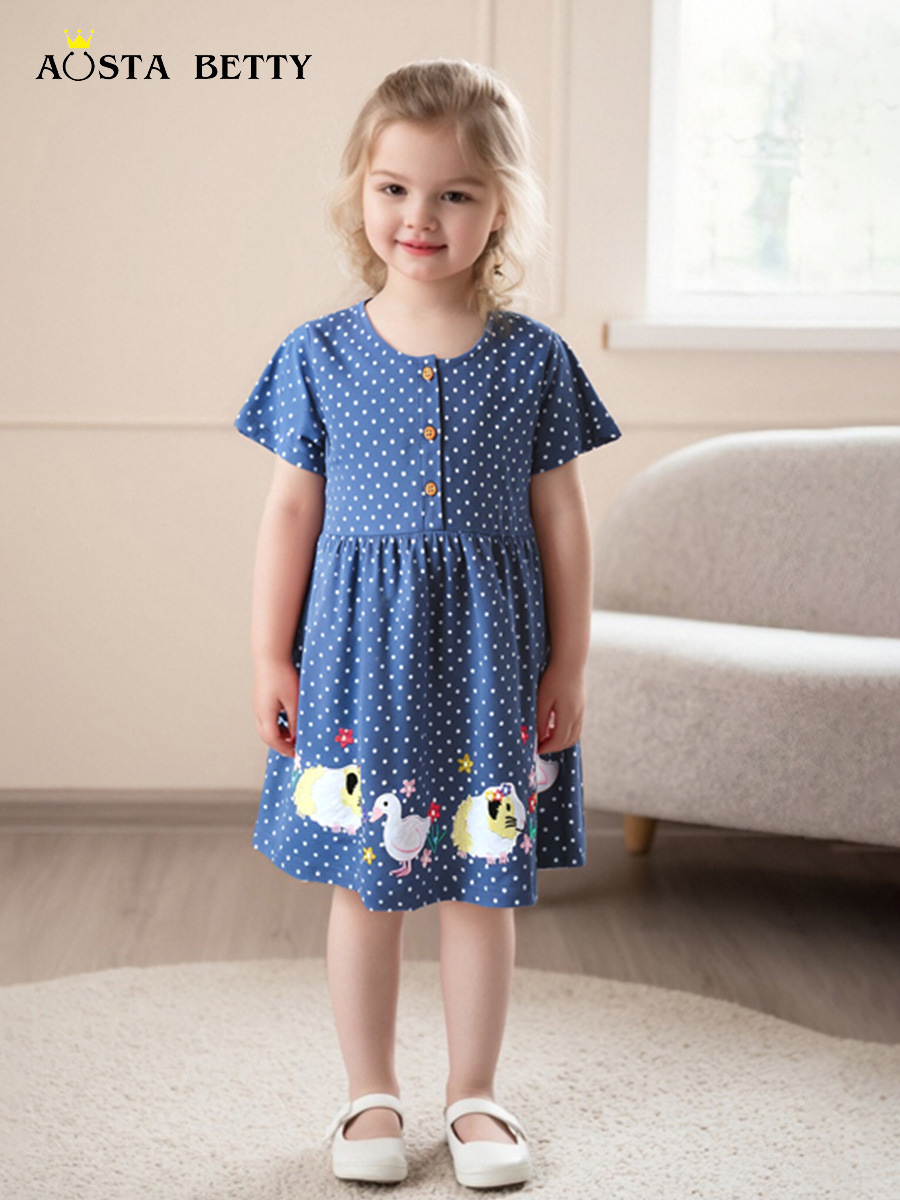 26 transfronterizos verano nuevo vestido de niños punto de onda bordado animal tejido algodón falda de mangas cortas para niñas un cabello