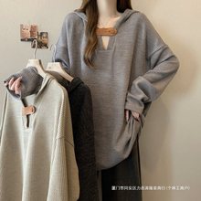 特大码300斤纹理感坑条复古连帽上衣女秋冬新款宽松显瘦时尚长袖