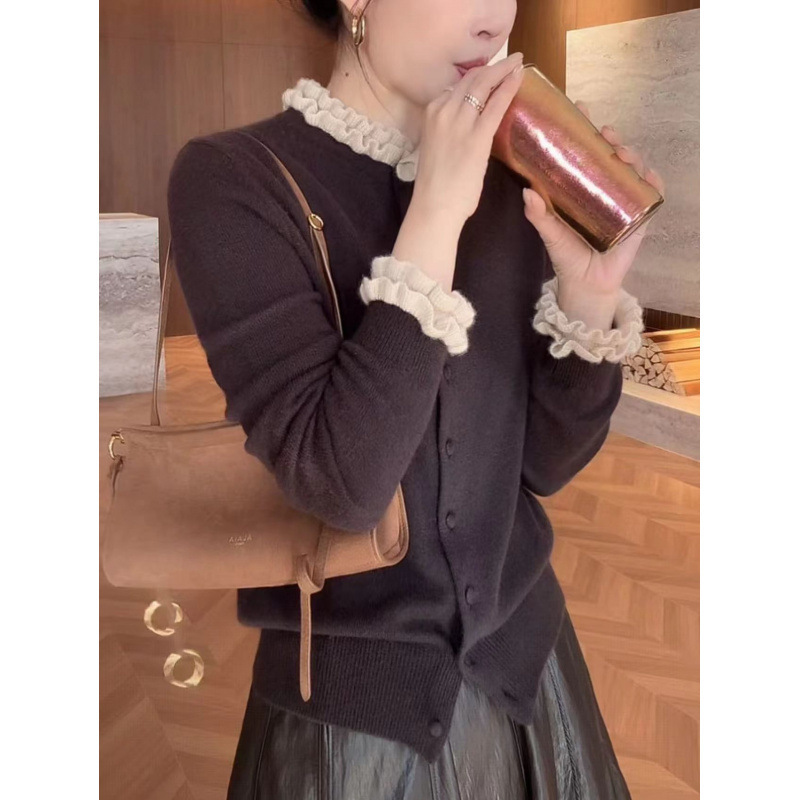 2025新款小香风木耳边气质长袖针织开衫女装春秋设计感高领上衣女|undefined