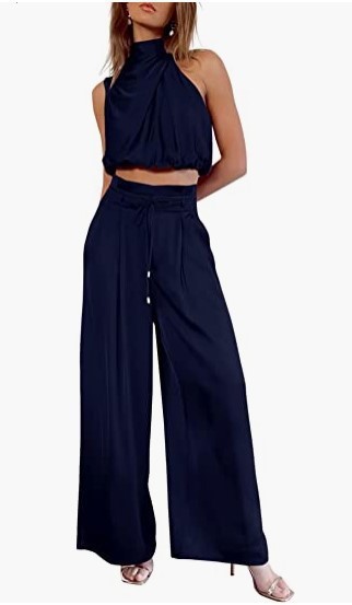Women's 2-piece Summer Casual Sleeveless Collar Open Navel Top Wide Leg Pants Set_voghion.com