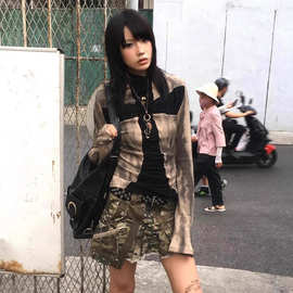 官图实价 美式辣妹长袖T恤女秋十字架修身显瘦朋克拼色街头风上衣