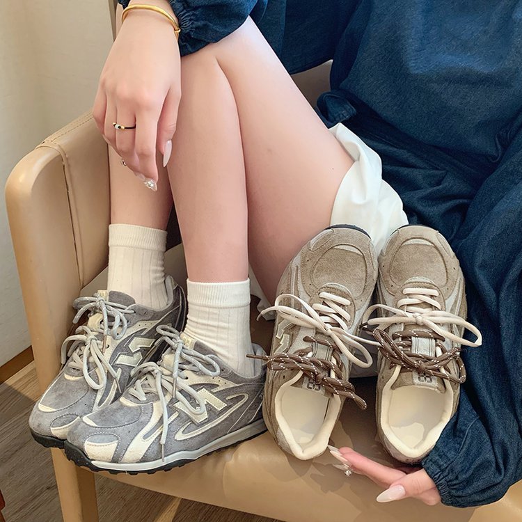 Qiyor Retro Moral Training Shoes for Women 2025 New Round Toe Color Matching Casual Shoes Forrest Gump Shoes Lace-Up Non-Slip Sports Shoes