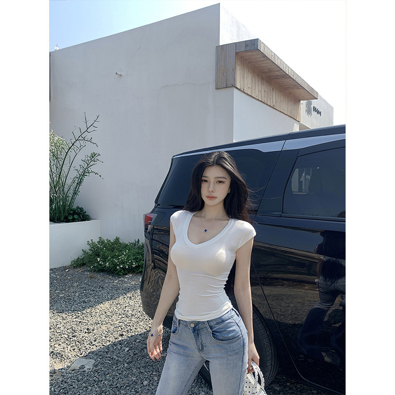 Moses Queen White V-Neck Short-Sleeve T-Shirt Summer Slim-Fit Versatile Flutter-Sleeve Top