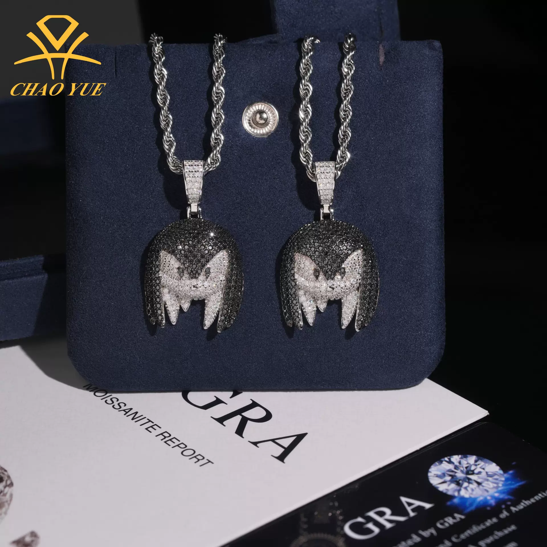 欧美时尚Hip-hop珠宝S925银VVS黑白莫桑石镶嵌跨境男女士潮流新款