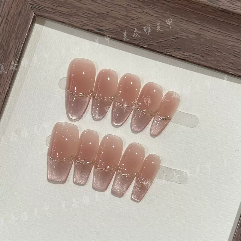 手工穿戴甲樱花奶冻美甲片猫眼法式手绘金线假指甲简约百搭穿戴甲