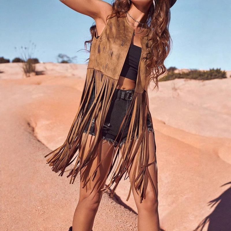 2025 European and American Cross-Border Women's Tassel Vest Sleeveless 70S Hippie Tassel Amazon Vest Top for Women