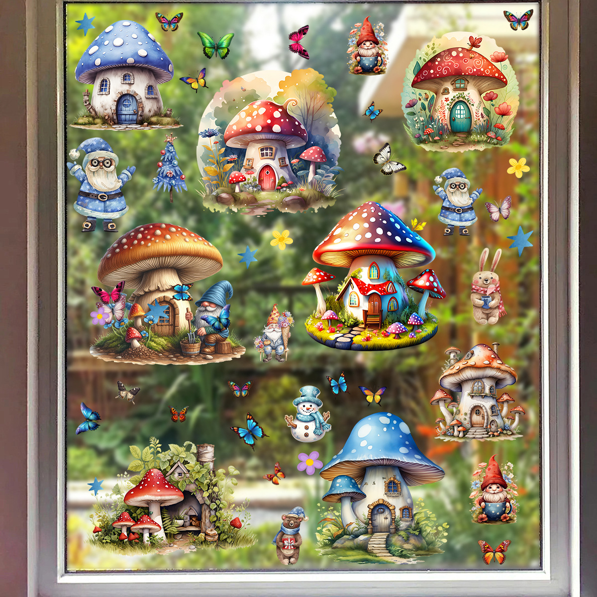 Cross-border Shein exclusive cartoon fairy door mushroom house double-sided printed glass window no-glue static film sticker
