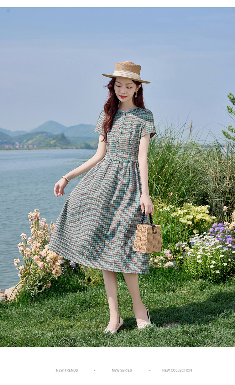 Đầm sơ mi kẻ caro cotton retro eo buộc dây dài trung bình — Màu sắc hình ảnh chi tiết 20