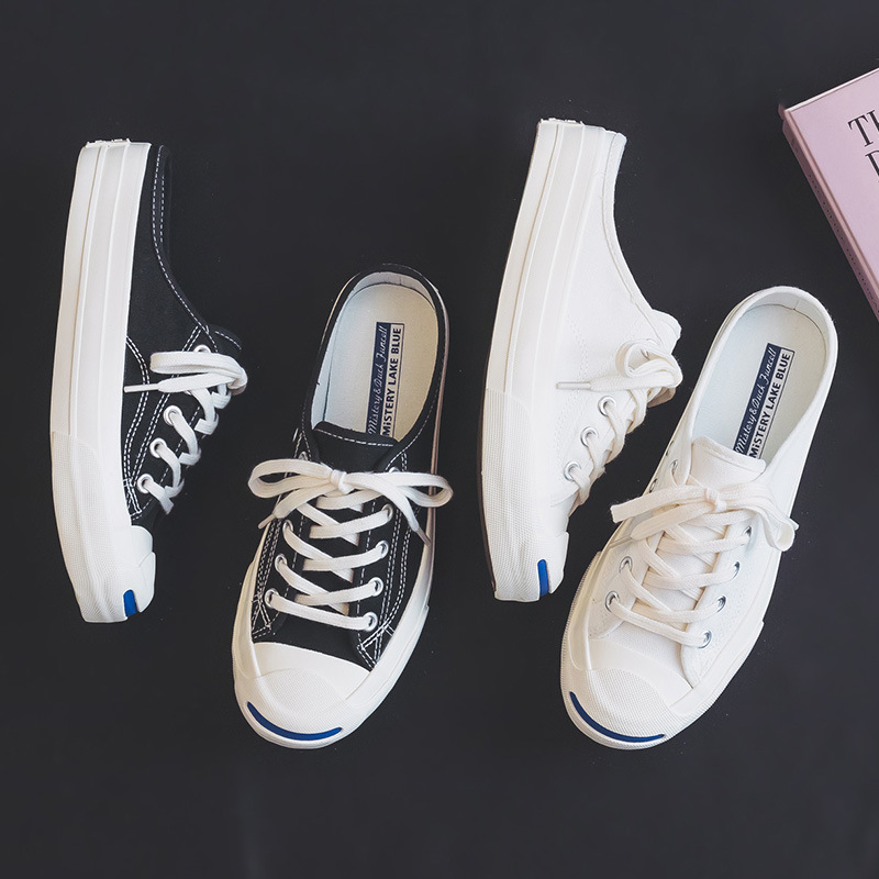 Zapatos de lona de mitad de diapositiva de mujer sonrisa abierta soporte de prueba personalizada negro y blanco F03 image 5