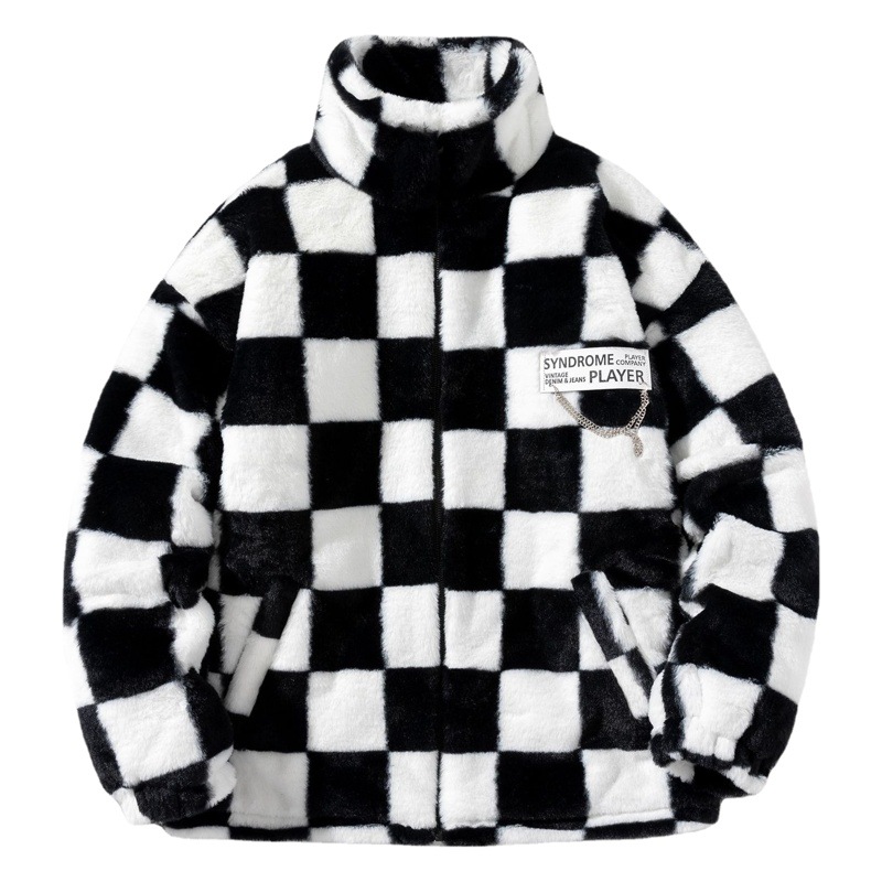 Tablero de ajedrez blanco y negro A cuadros engrosada de piel sintética de conejo abrigo acolchado de algodón de invierno cálido chaqueta acolchada de algodón suelta de longitud media nueva capa acolchada de algodón de las mujeres