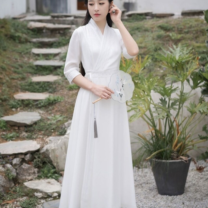 Tiktok Influencer Style Chinese-Style Tea Dress for Women, White Hanfu with a Cinched Waist, Modified Zen Dress, Ethereal Ancient-Style Dress for Summer