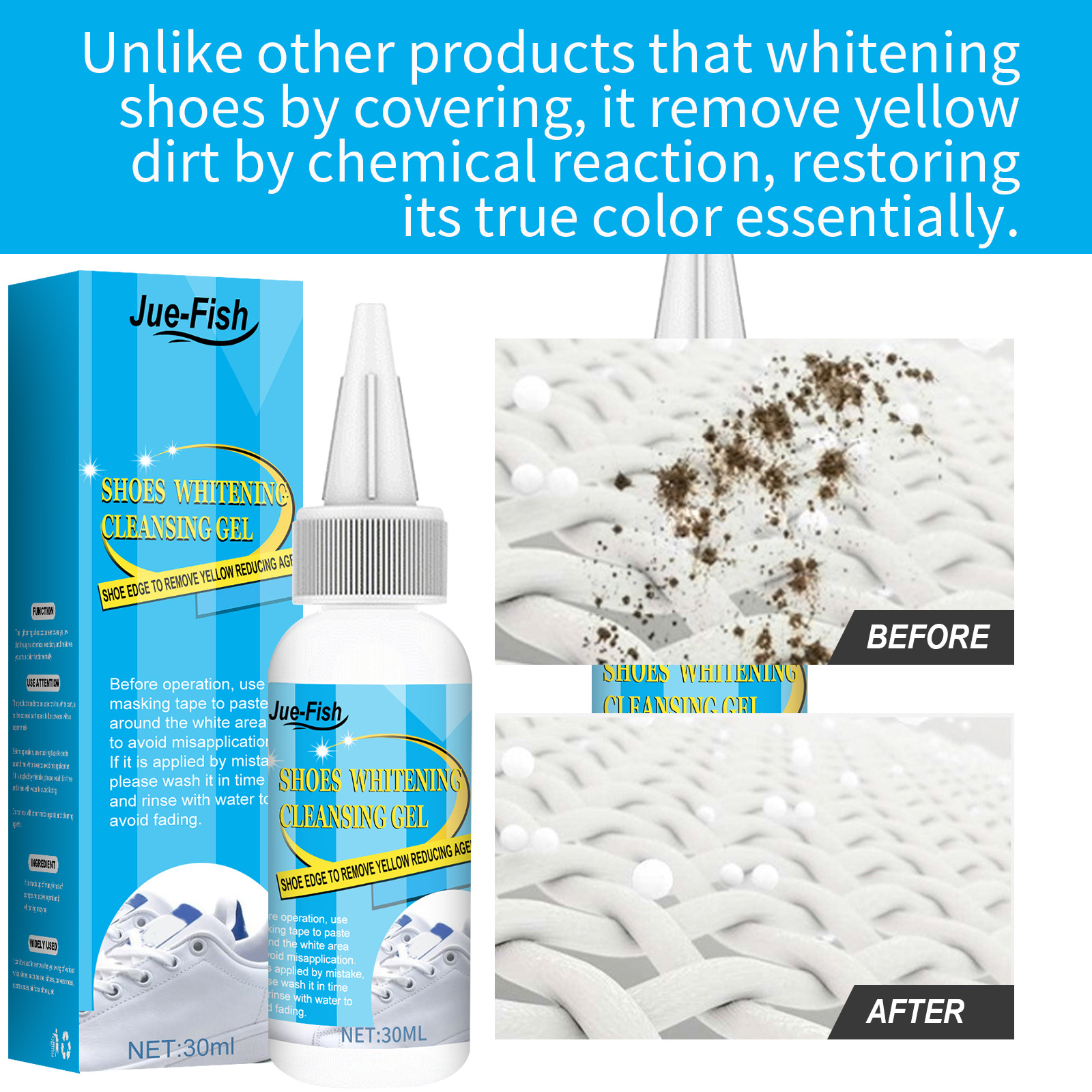 JUE-FISH White Shoe Cleaner — Powerful Stain-Removing, Dirt-Erasing, Yellowing-Reducing, and Brightening Agent for Sneakers and White Shoes