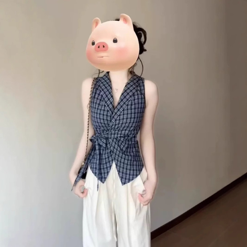 French V Neck Bow Tie Blue Plaid Shirt Vest for Women Summer Sexy Outer Wear Slim Sleeveless Top French V Neck Bow Tie Blue Plaid Shirt Vest for Women Summer Sexy Outer Wear Slim Sleeveless Top