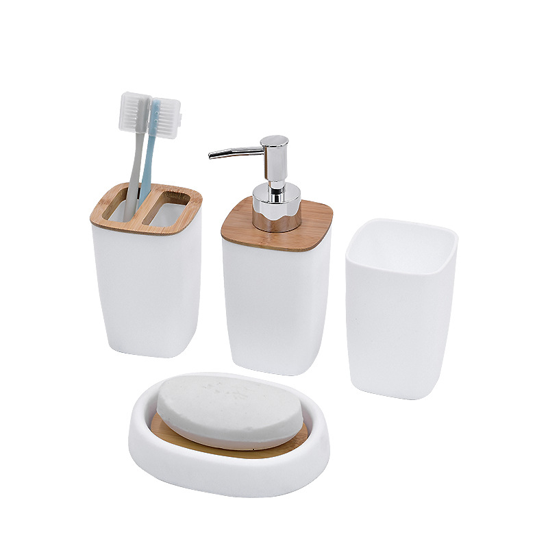 Baño de lujo ligero conjunto de artículos de baño de ocho piezas de baño taza de baño de bambú y madera conjunto de adornos de cepillo de inodoro